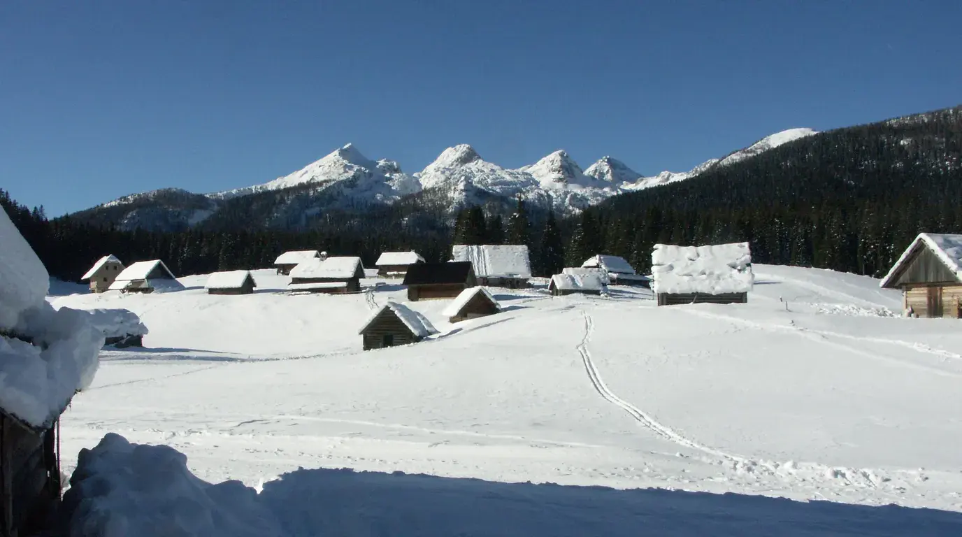 Timber chalets buried in deep snow on an alpine meadow, ski tracks crossing the foreground, snow-covered peaks behind.