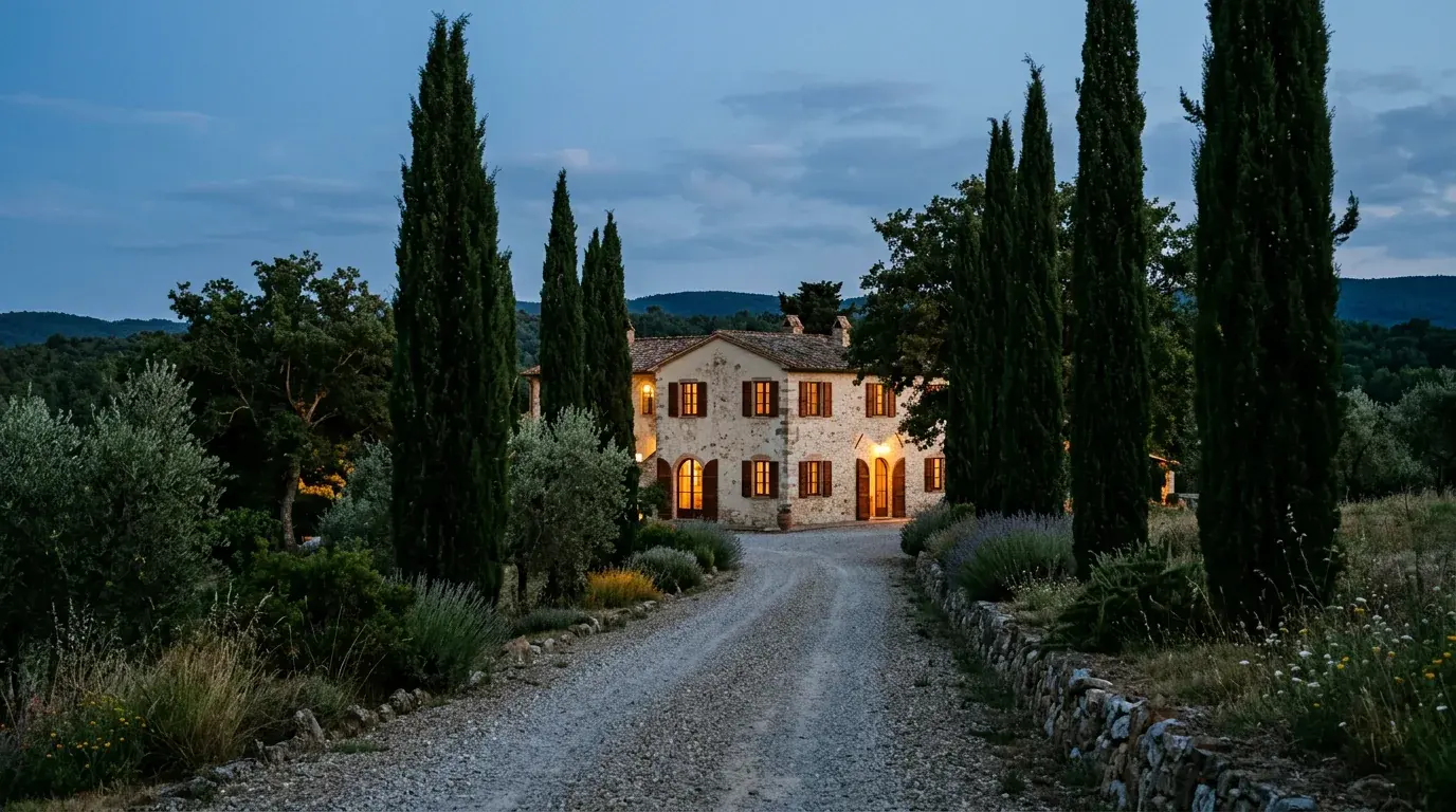A shuttered stone villa at dusk seen down a gravel drive lined with cypress trees, its windows lit from inside