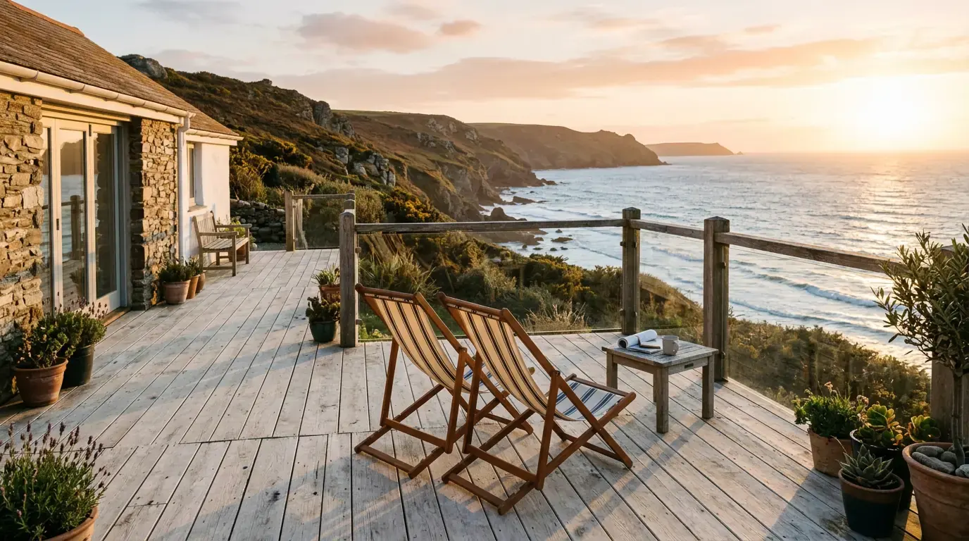 Two empty folding deck chairs on the timber terrace of a clifftop house, the sun low over the sea beyond