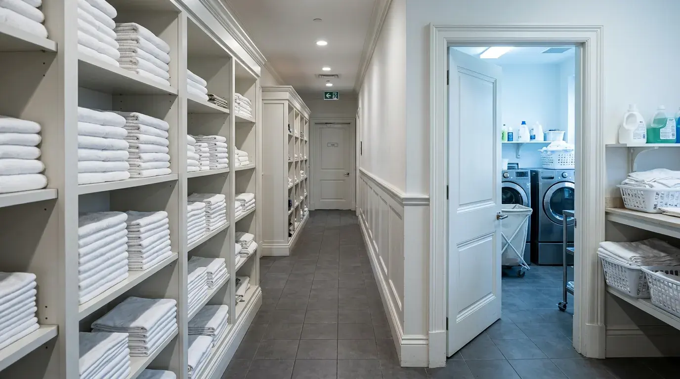 A service corridor lined with shelves of folded white linen, leading to a lit laundry room with washing machines