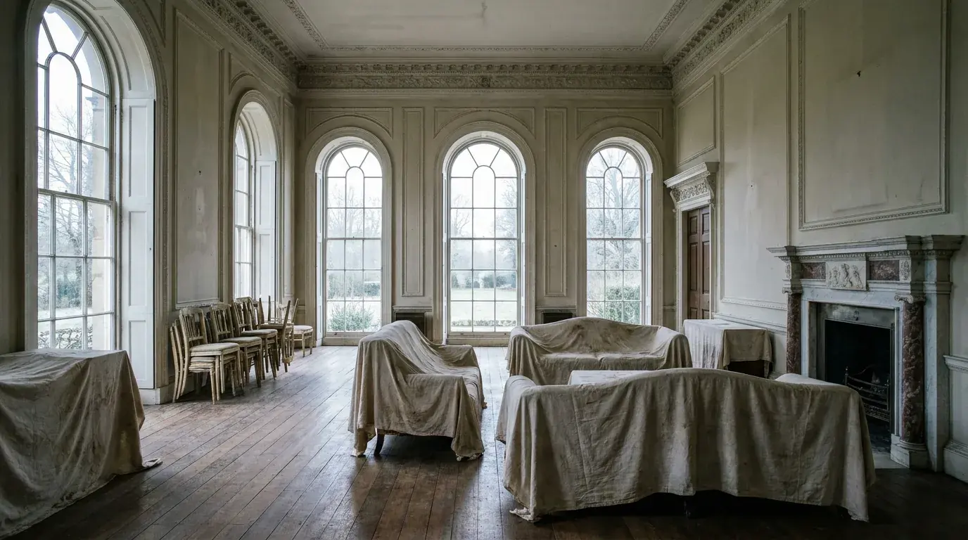 A grand drawing room with tall arched windows and every piece of furniture hidden under dust sheets