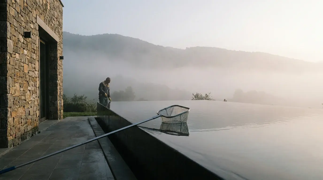 A skimmer net resting on the coping of a still infinity pool at a stone villa, mist over the hills behind