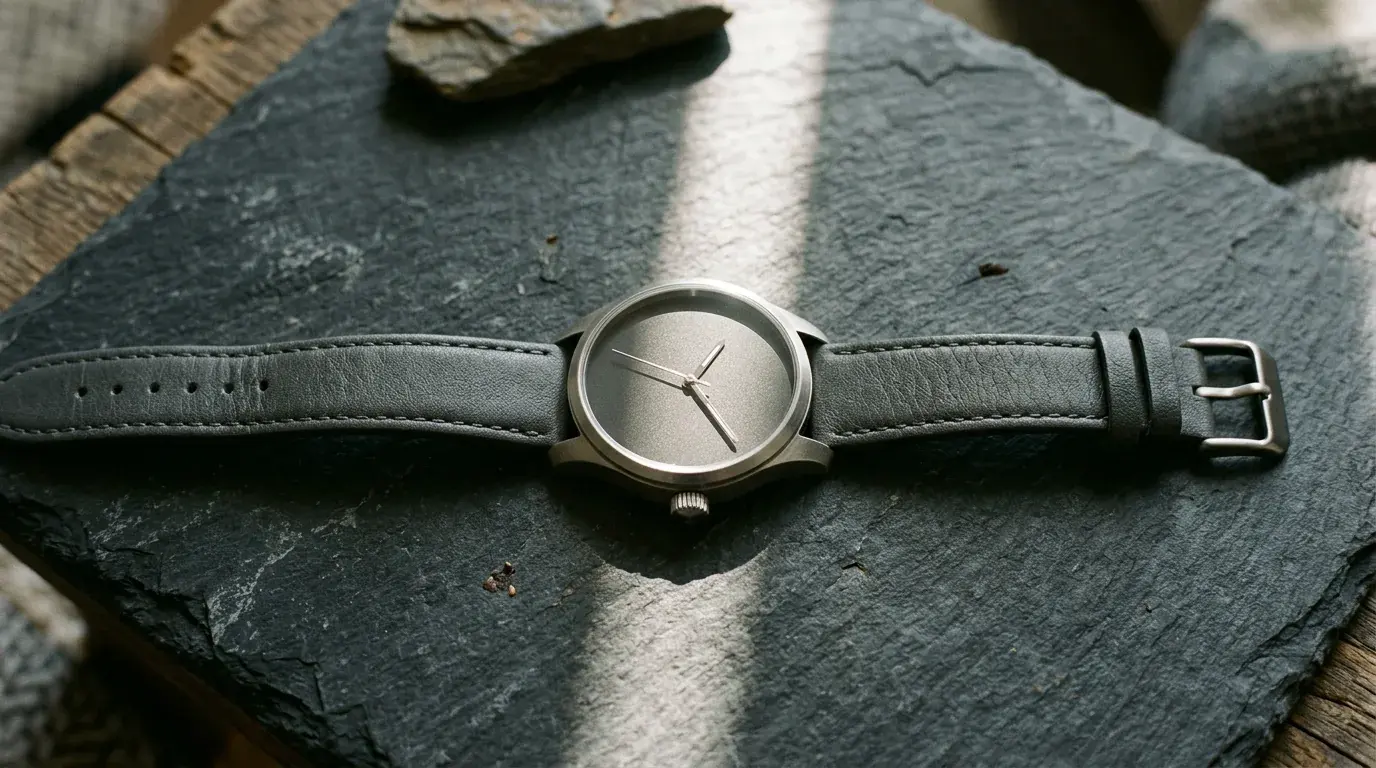 A plain-dialled wristwatch on a grey fabric strap lying on dark slate, a shaft of sunlight crossing the face
