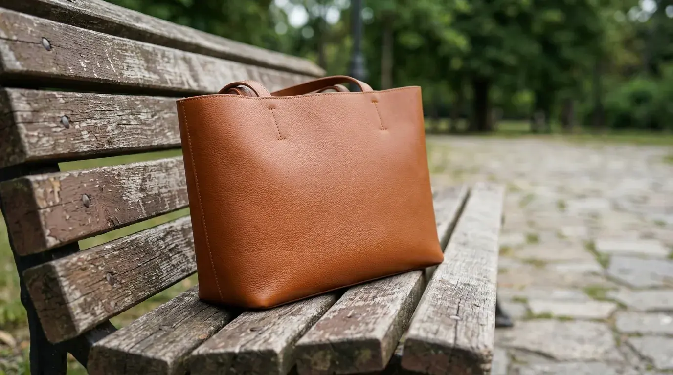 An unbranded tan leather tote bag standing on a weathered wooden bench on a cobbled path