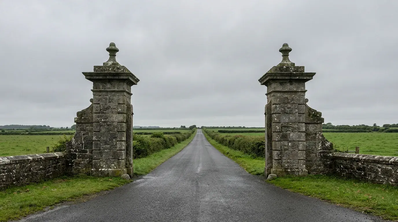 Two matching stone gateposts either side of an empty road running away between green fields under a grey sky