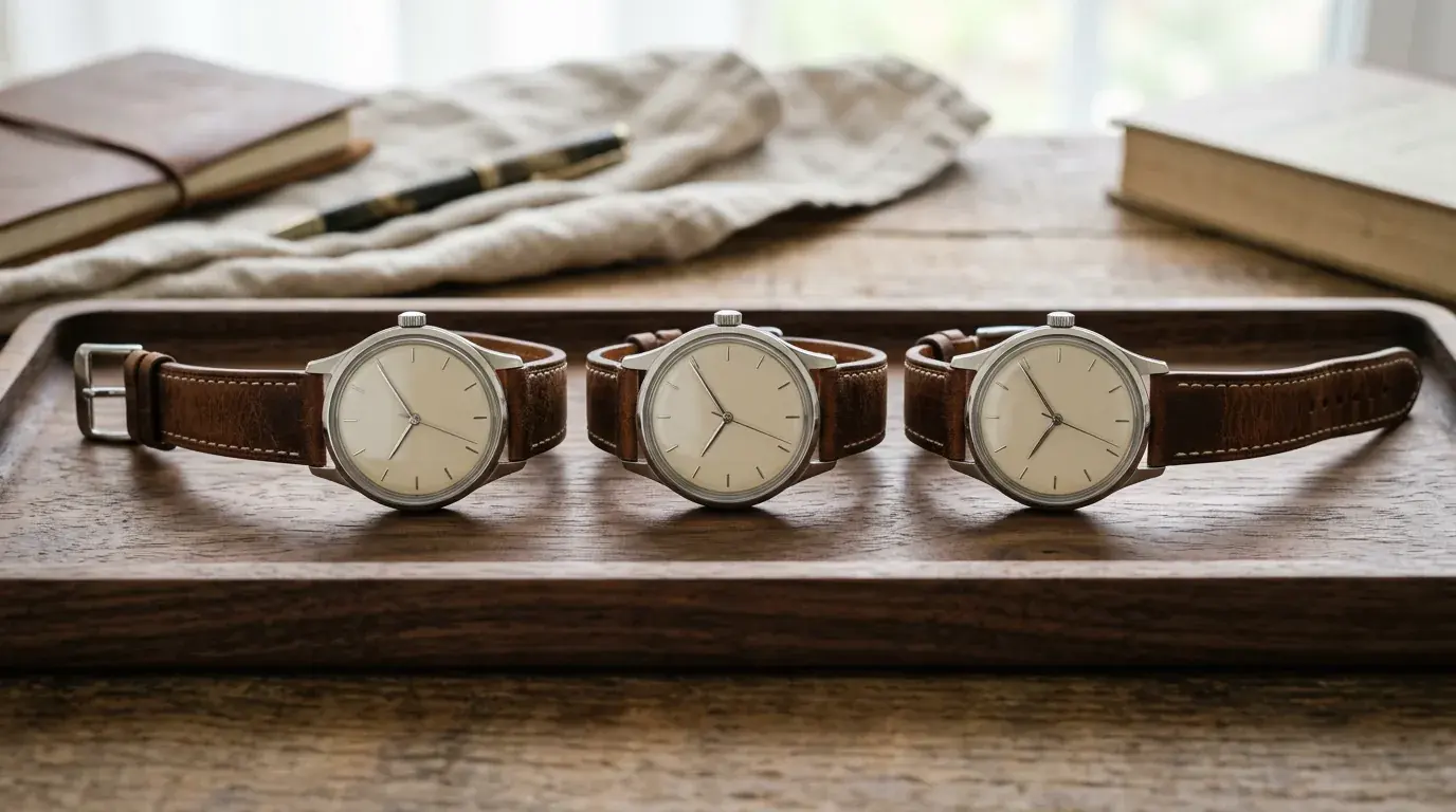 Three wristwatches with blank pale dials and brown leather straps laid in a row in a walnut tray