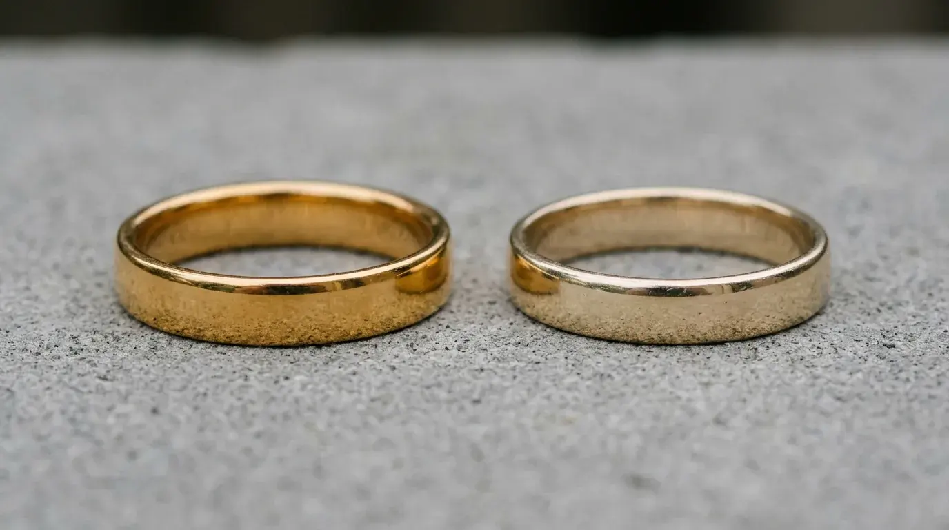 Two plain gold-coloured metal bands side by side on a pale speckled surface, one warmer in tone than the other