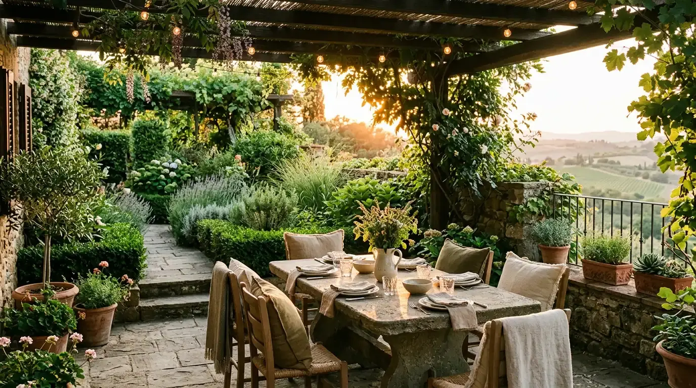 A stone dining table under a pergola on a planted terrace at golden hour, clipped hedging on either side