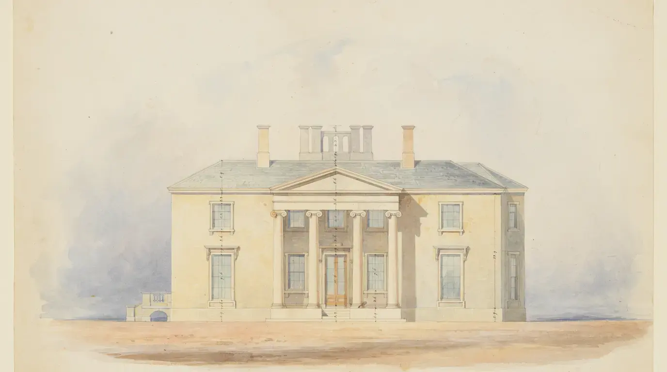 A watercolour architectural design for a classical English country house, early 19th century: a pale two-storey front with a pedimented portico of four columns.
