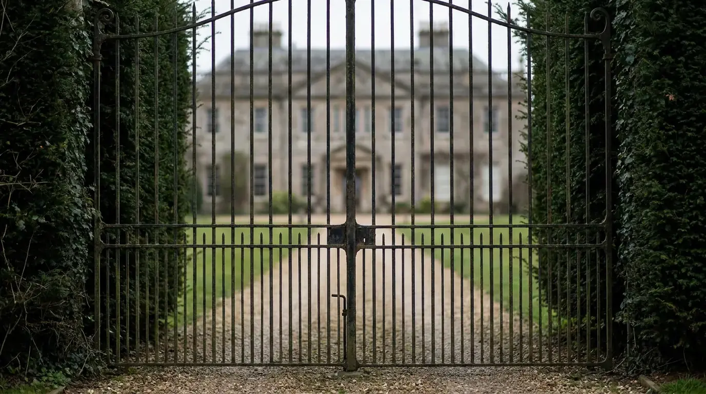 A tall closed iron gate across a private drive, dense ivy-covered walls either side, the house beyond out of focus