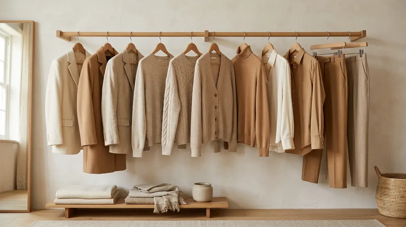An open wardrobe rail of neutral tailored garments in cream and camel tones on wooden hangers