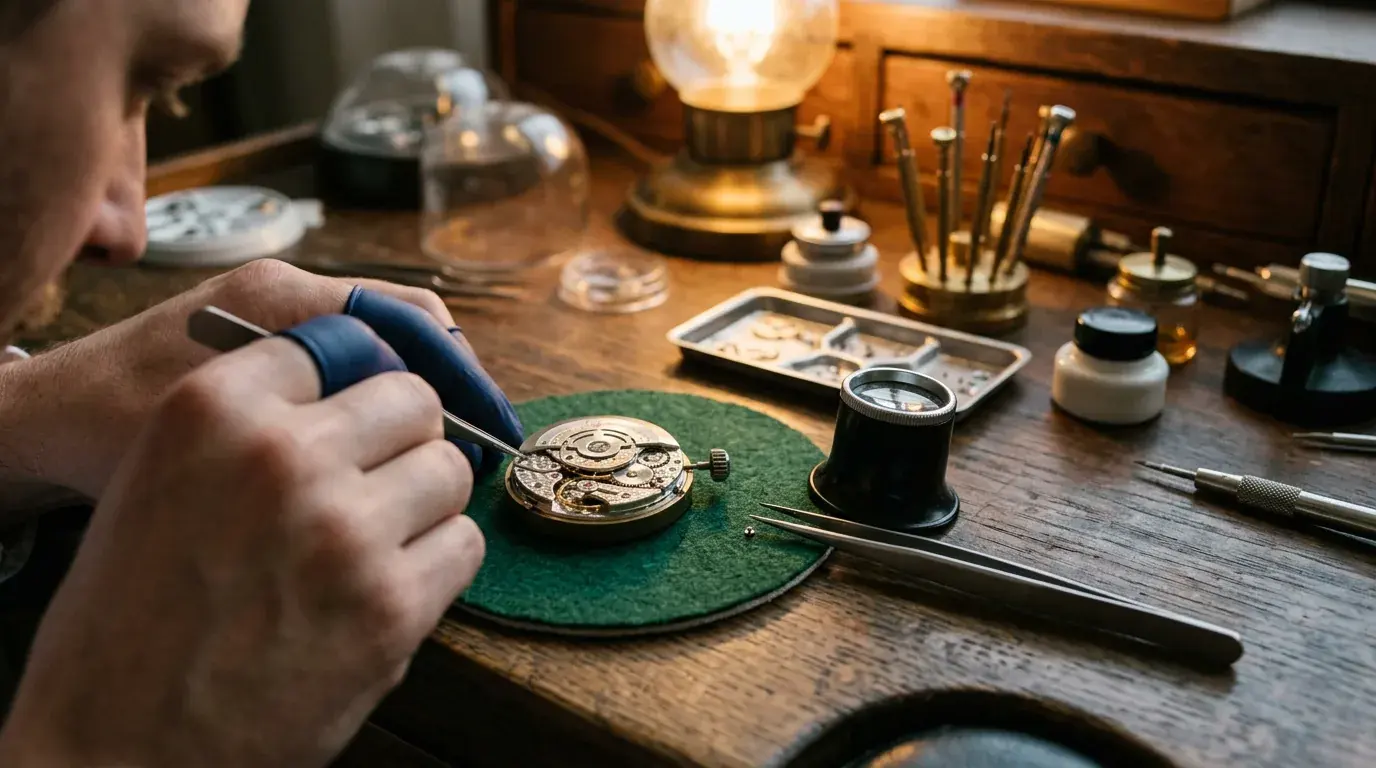 A watchmaker's bench with a loupe, fine tweezers and an open movement on a pad under a warm lamp