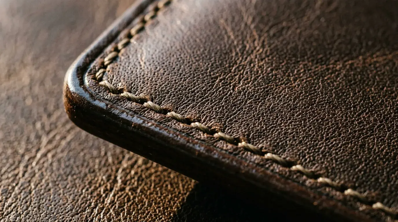 A close detail of dark full-grain leather showing its pores, a finished edge and a line of saddle stitching