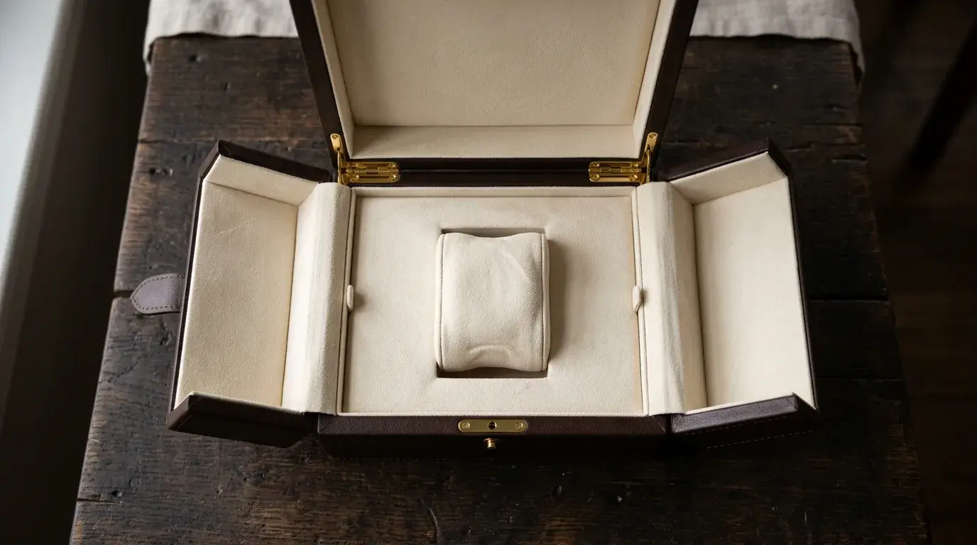 An open watch presentation box lined in cream suede with an empty cushion, seen from above on a dark surface