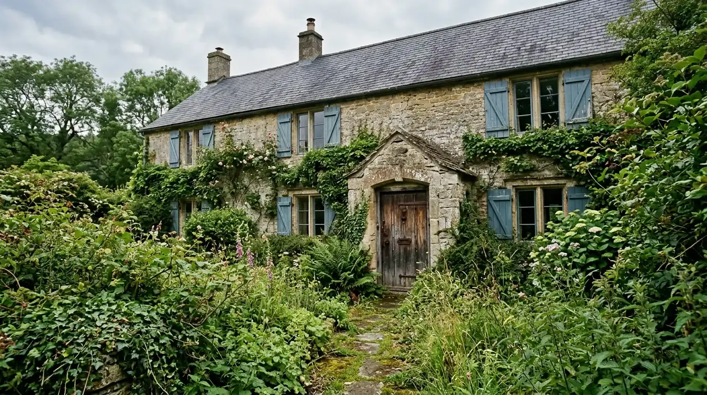 A shuttered stone farmhouse with a weathered wooden door and an overgrown garden under flat overcast light