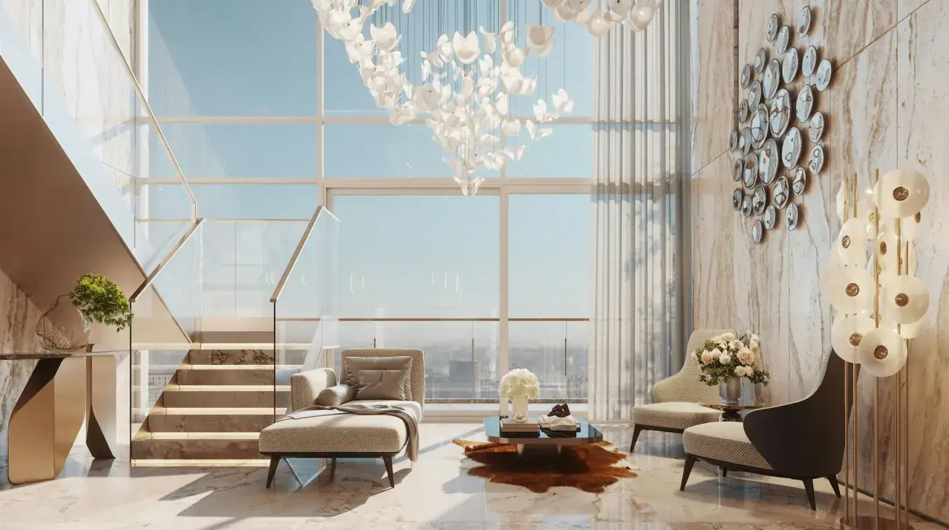 A double-height drawing room with a chandelier, pale stone staircase and full-height windows