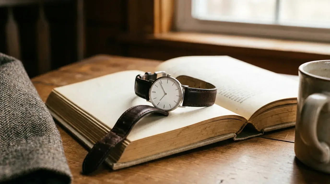 A slim wristwatch with a blank dial and dark leather strap resting on the open pages of a linen-bound book