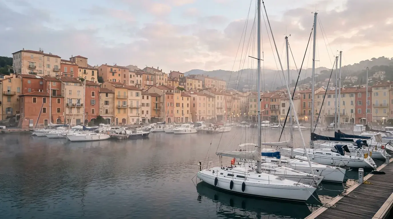 White sailing yachts moored in a quiet harbour at first light, pastel apartment facades rising behind