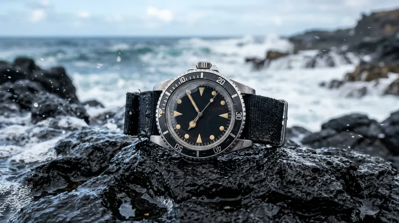 A dive wristwatch with a graduated rotating bezel resting on wet black volcanic rock, surf breaking behind