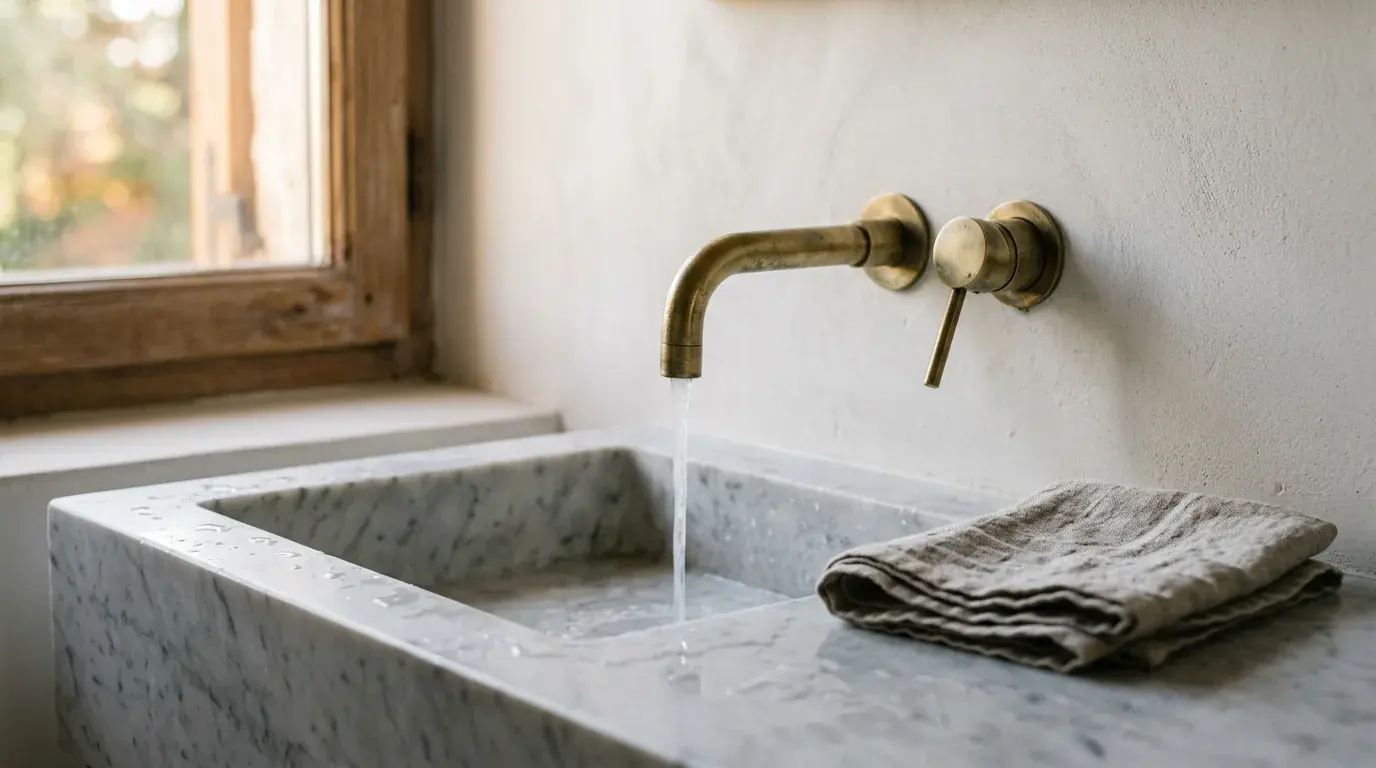 Water running from a brushed brass wall tap into a honed marble basin, a folded linen towel on the rim