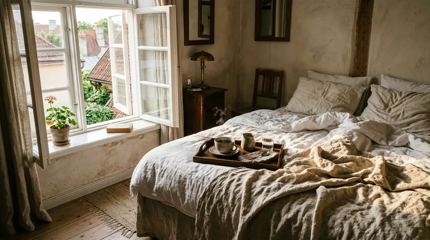 A rumpled linen bed with a breakfast tray on it, beside an open window looking onto rooftops