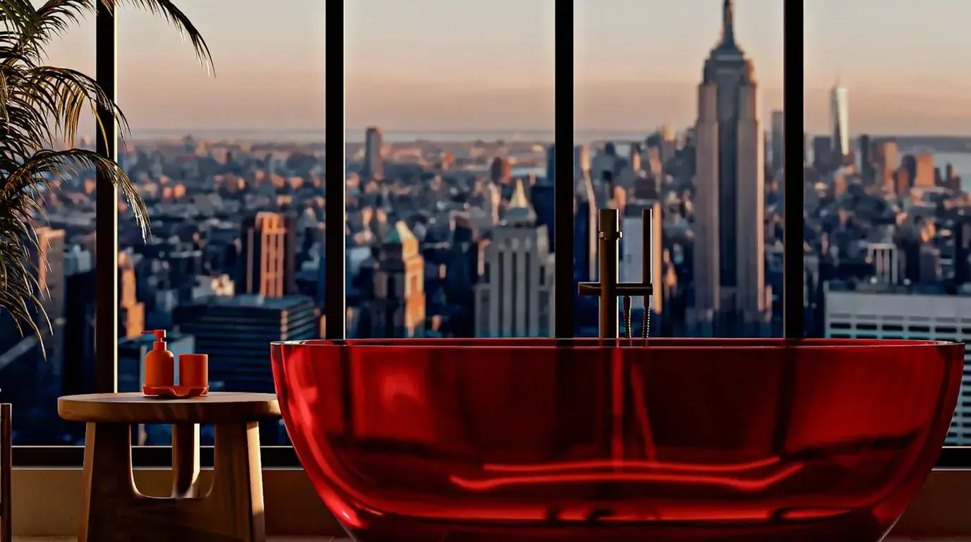 A red freestanding bath at a floor-to-ceiling window above the Manhattan skyline, the Empire State Building at centre