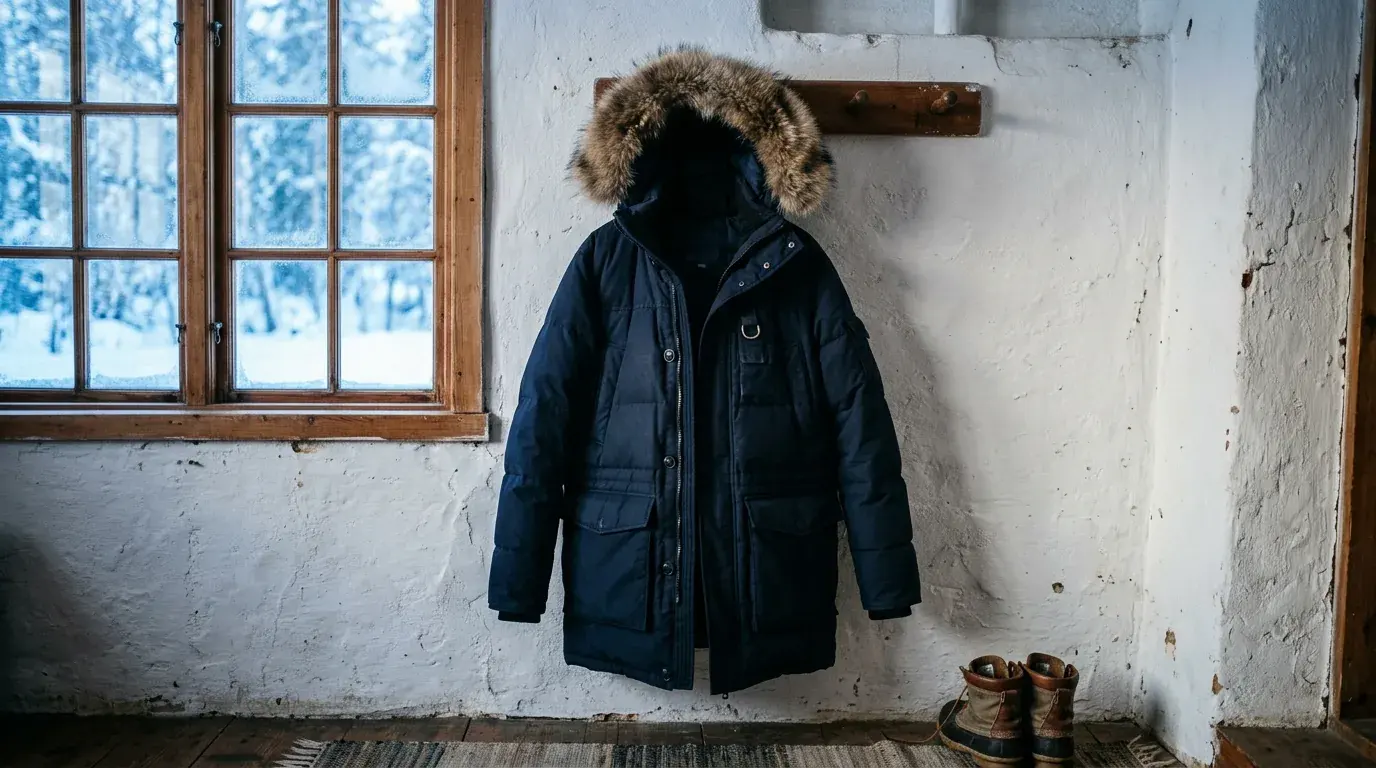 A navy hooded down parka with a fur-trimmed hood hanging on a wooden peg against a whitewashed wall