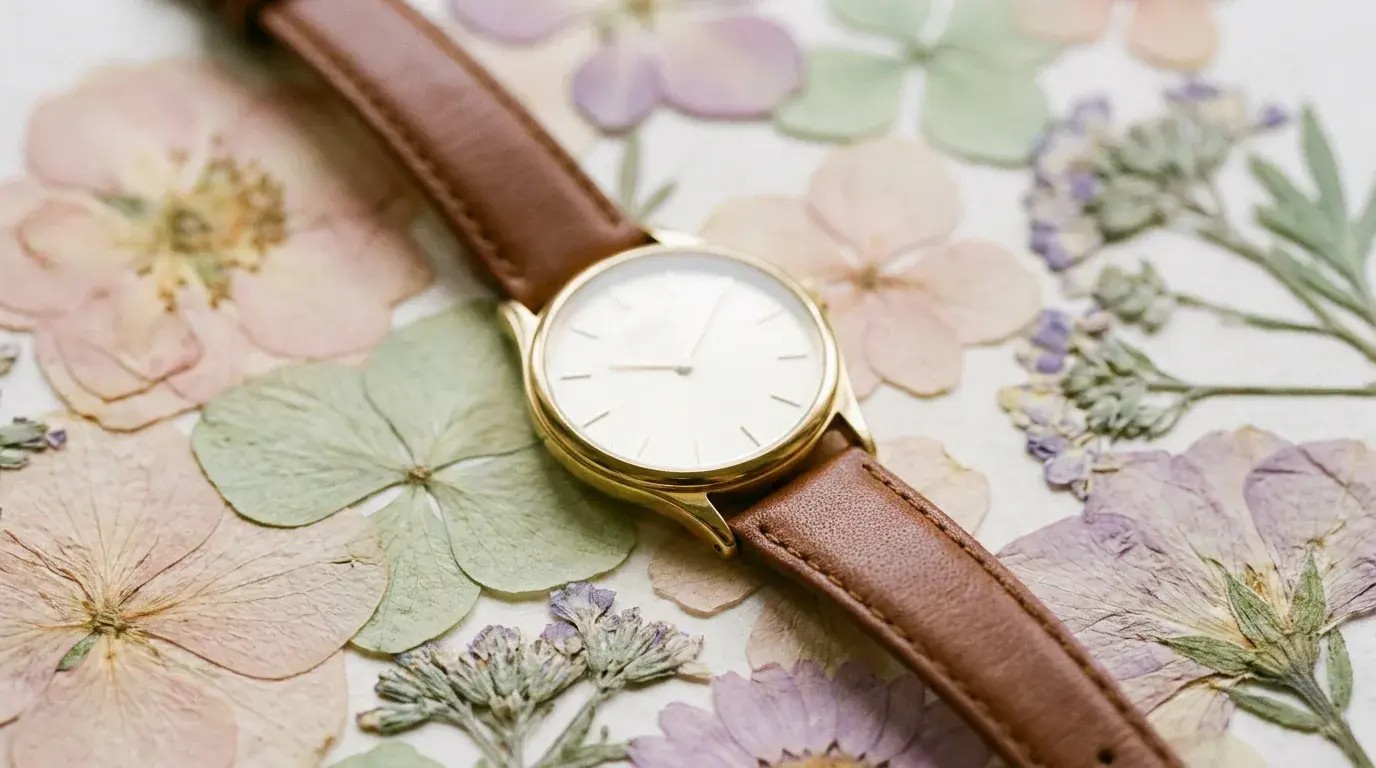 A slim wristwatch with a pale dial and tan leather strap lying on a background of pressed flowers