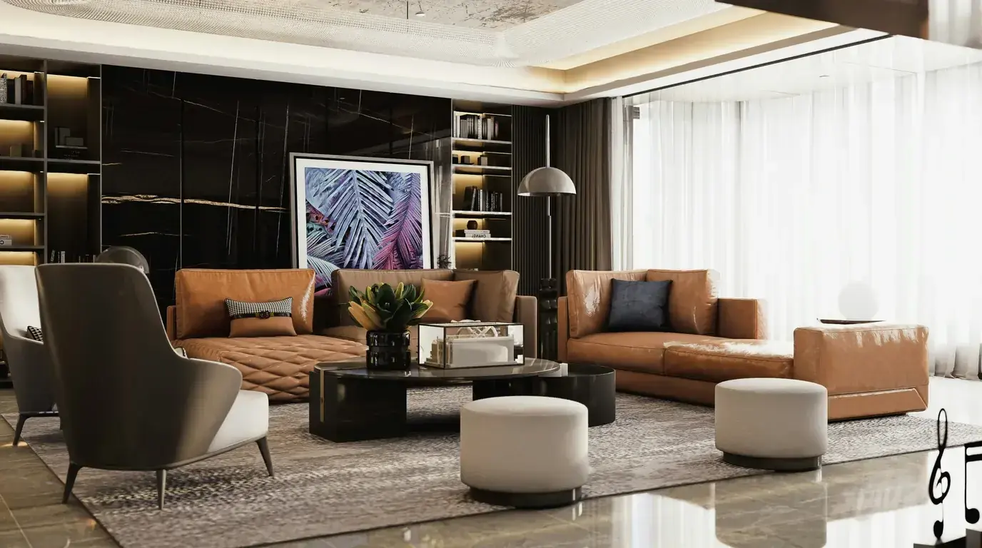 A dark panelled sitting room with tan leather sofas, bookshelves and full-height curtains