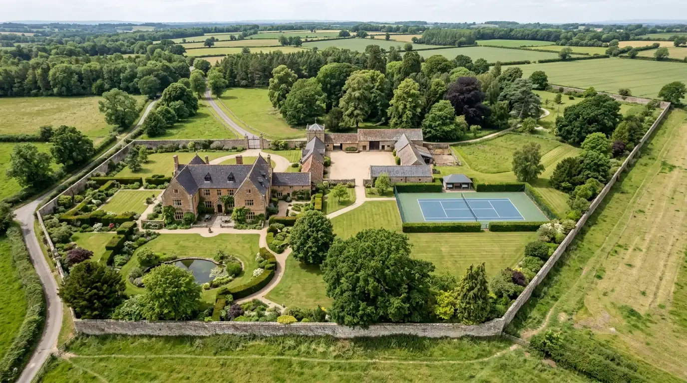 An aerial view of a walled country estate showing the house, outbuildings, tennis court and surrounding grounds