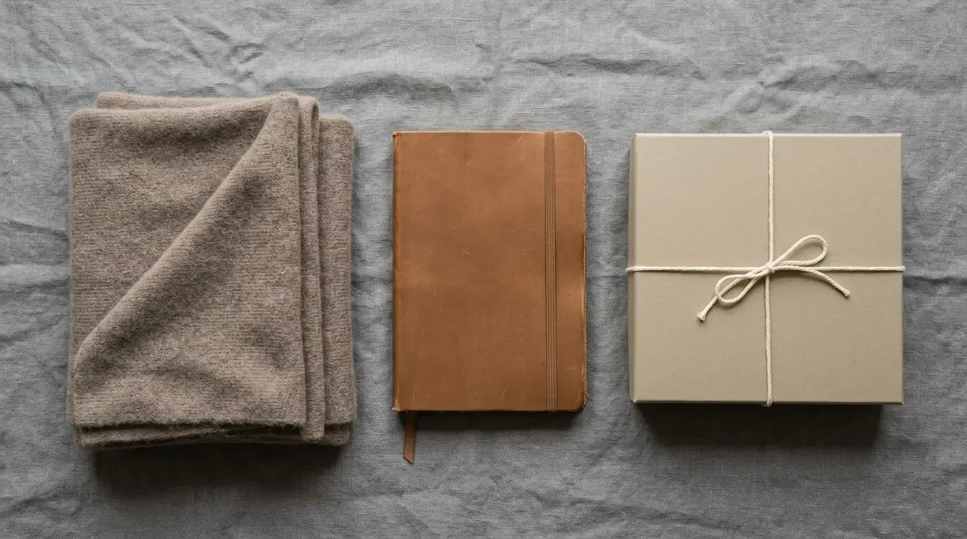 A folded oatmeal cashmere scarf, a tan leather notebook and a string-tied gift box laid out on grey linen