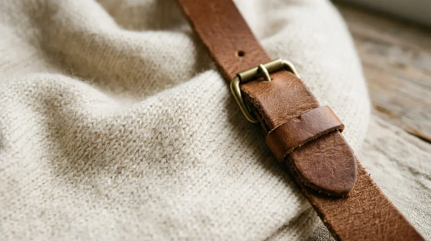 A close detail of a brass-buckled tan leather strap resting on an undyed cream cashmere knit
