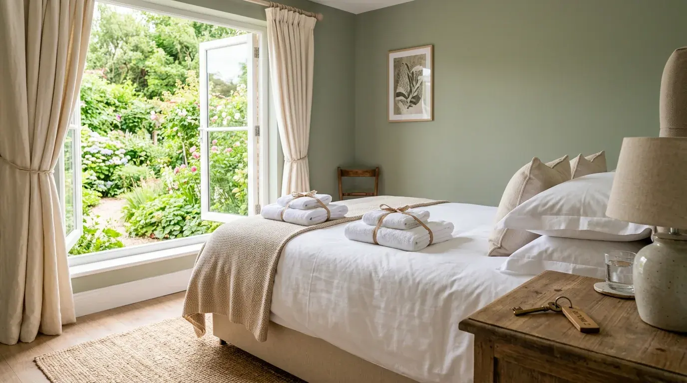 A prepared guest bedroom with rolled towels on the made bed and a key on the side table, garden beyond the window