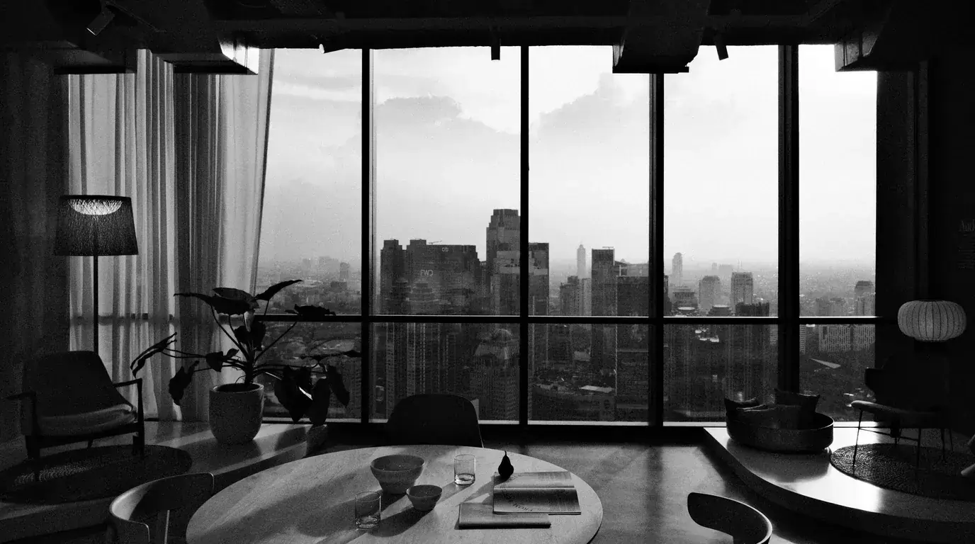 A dark open-plan interior with glass walls looking out on a fog-covered city