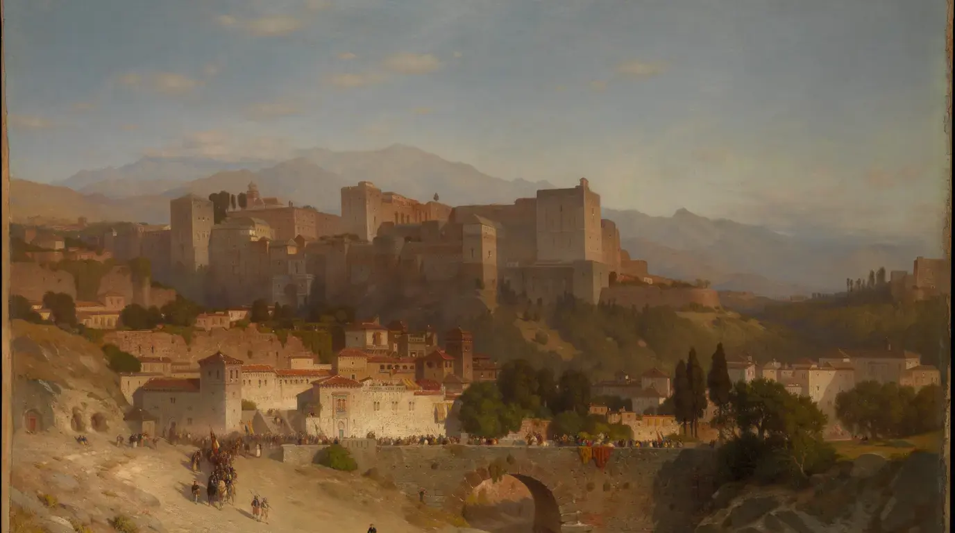 Samuel Colman, The Hill of the Alhambra, Granada (1865): the Alhambra's walls and towers above the town in warm evening light, mountains behind and a stone bridge in the foreground.