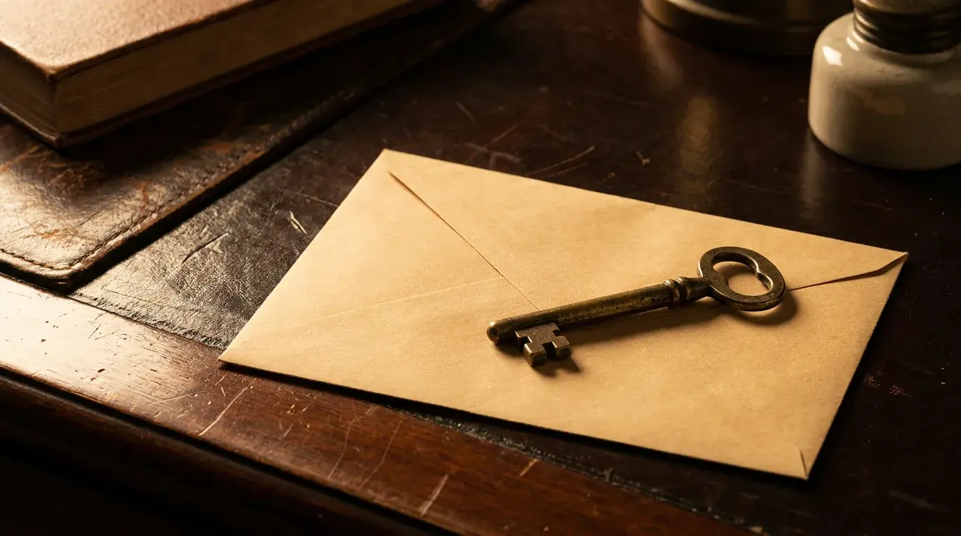 An old brass key lying on a plain unmarked envelope on a dark polished desk beside an inkwell