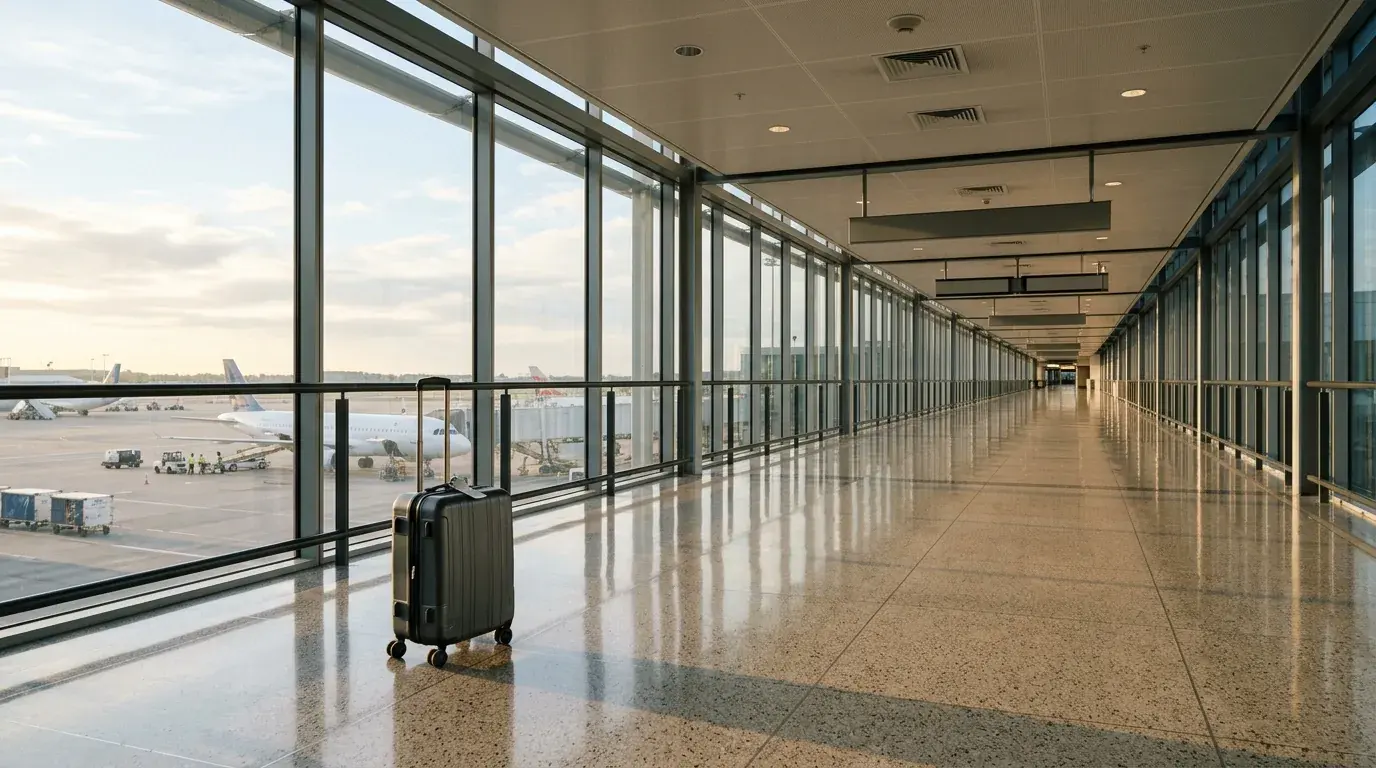 A long empty airport walkway with a glazed wall down one side and a single suitcase standing alone