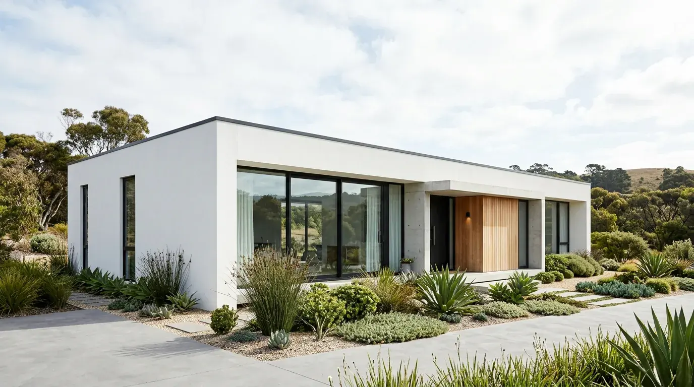 A low flat-roofed modern house in clean white render with drought-tolerant planting under bright daylight