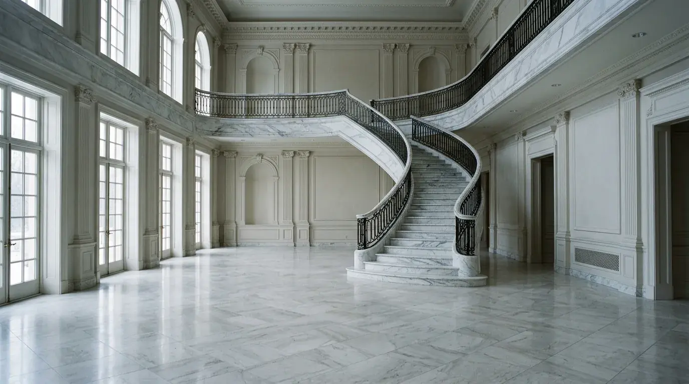 The empty marble entrance hall of a large house with a sweeping curved staircase and no furniture at all