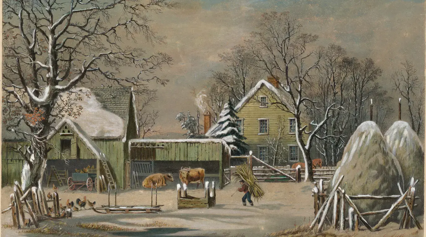 The Farmer's Home, Winter, a Currier and Ives print after George Henry Durrie: a farmhouse and barns under snow, smoke rising from the chimney, a figure carrying firewood across the yard.